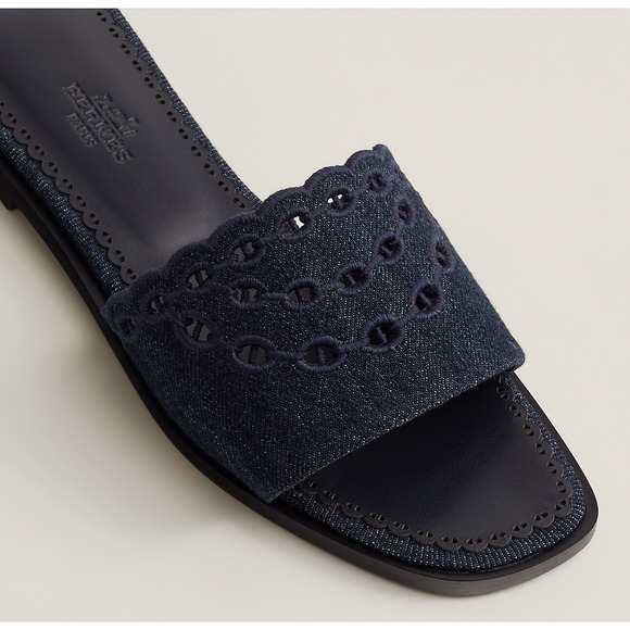 Hermes Sandales Gaelle Blue Denim Jeans Oran Slide Sandal Flat Flip Flop 39.5 - Picture 6 of 16